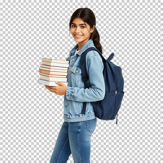 Indian Girl Student PNG with Backpack and Books