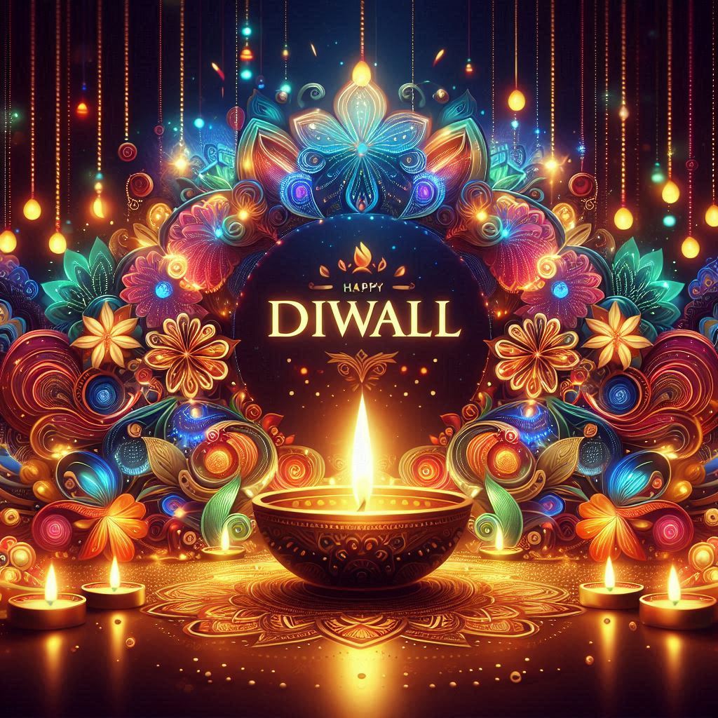 Colorful Happy Diwali Festival Greeting with Diyas and Flowers