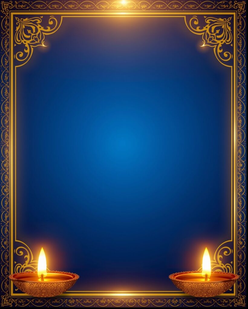 Diwali Background for Editing Elegant Blue & Gold Frame with Diyas