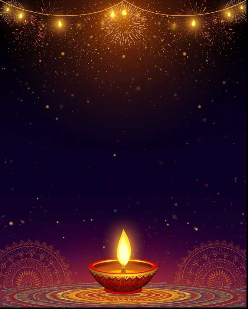 Diwali background with glowing diya on colorful rangoli, golden fireworks, and decorative lights on a dark festive backdrop.