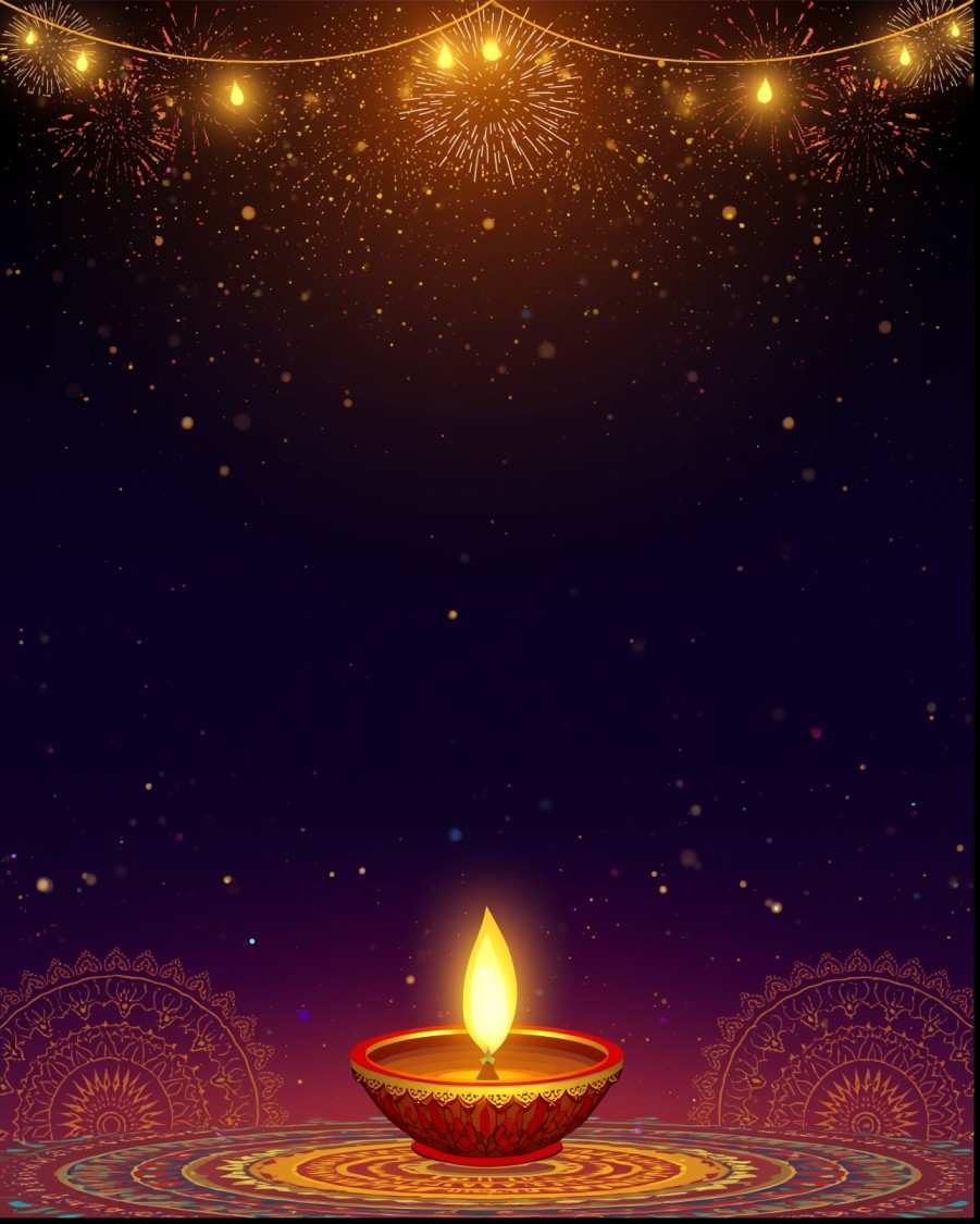Diwali background with glowing diya on colorful rangoli, golden fireworks, and decorative lights on a dark festive backdrop.