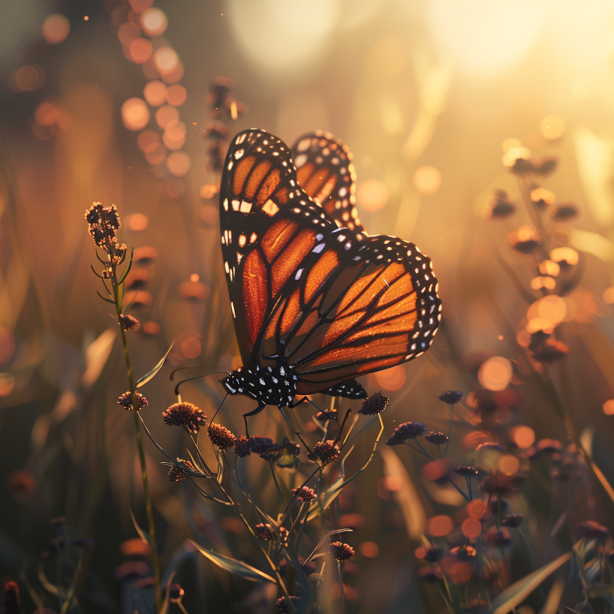 Golden Hour Monarch Butterfly on Wildflowers