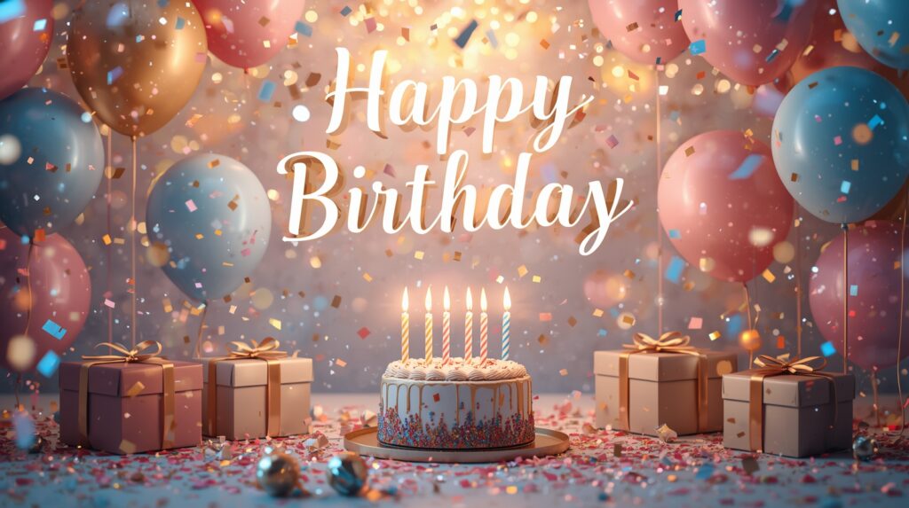 Happy Birthday background with balloons, confetti, gift boxes, and a cake with candles in 4K resolution.