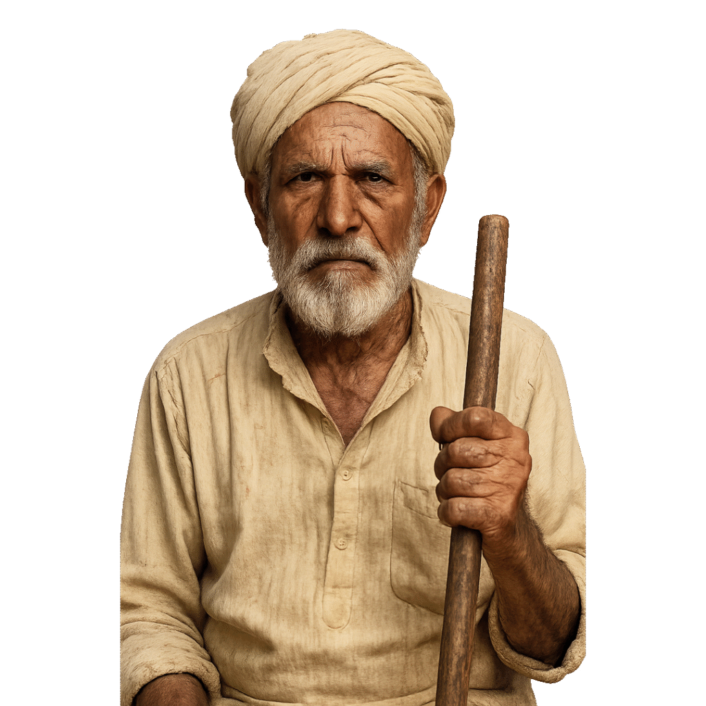 Elderly Indian farmer PNG with turban and staff, ultra-realistic high-resolution portrait on transparent background