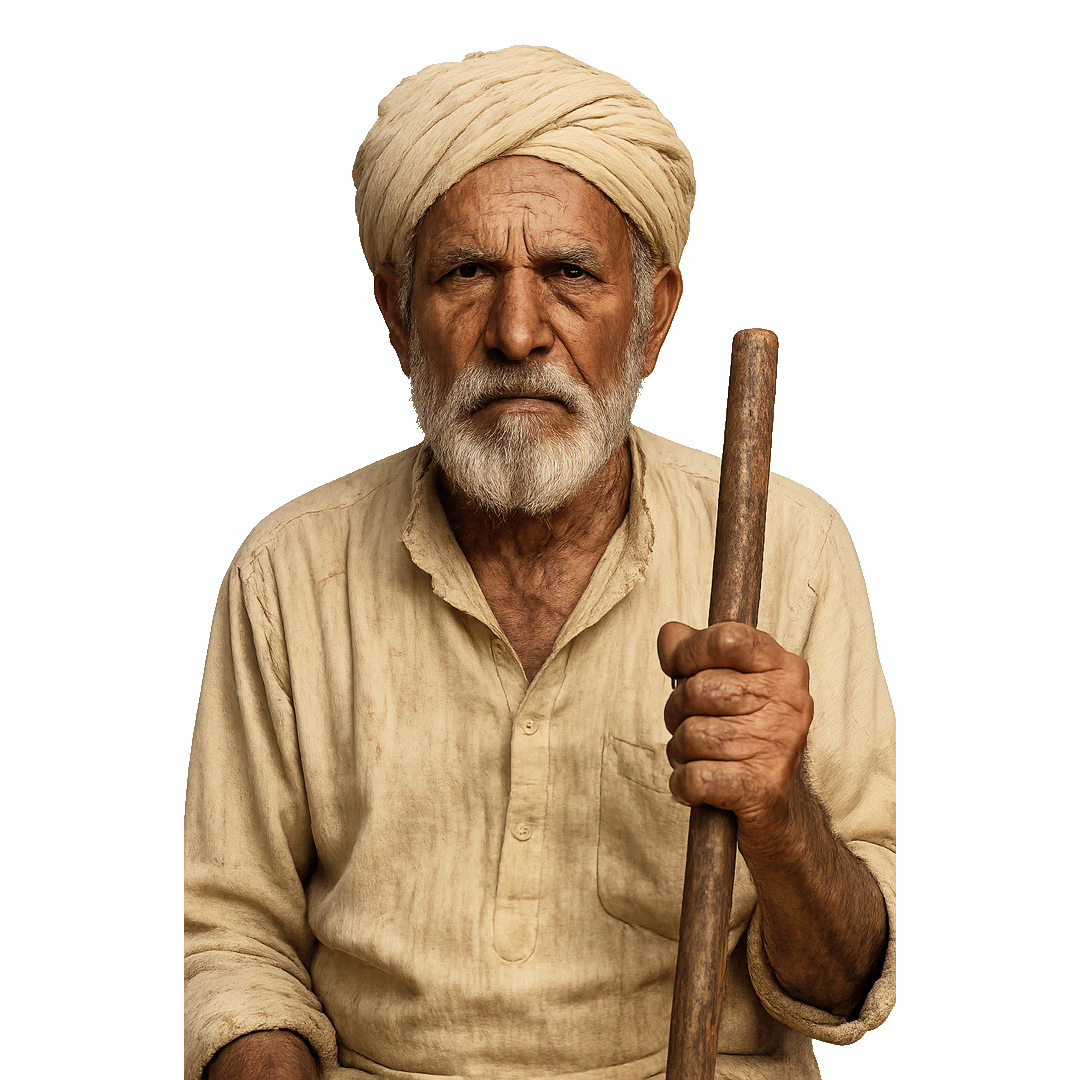 Elderly Indian farmer PNG with turban and staff, ultra-realistic high-resolution portrait on transparent background