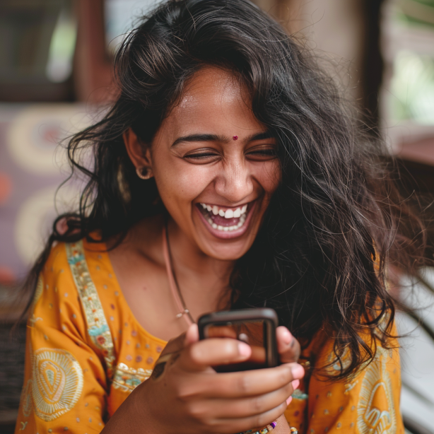 Smiling Indian Woman Using Smartphone Free Stock Photo