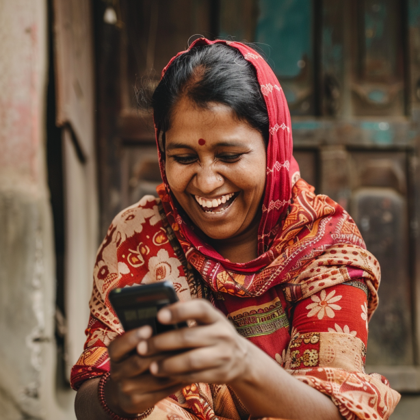 Free Download – Smiling Indian Woman Using Mobile Phone Stock Photo