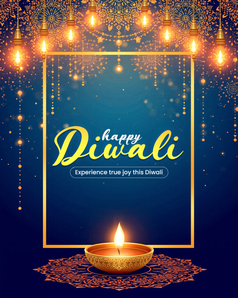 Diwali poster template PSD with glowing diya lamps, golden lights, and mandala background – editable festive design for greetings, banners, and invitations.