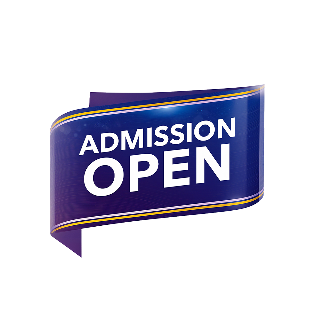 Admission Open PNG blue ribbon banner with bold white text isolated on white background.