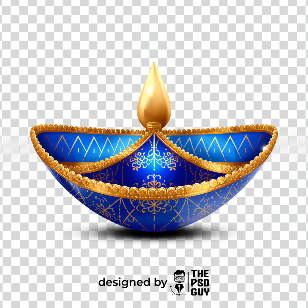 Blue and gold decorative Diya PNG PSD for Diwali 2025 with transparent background