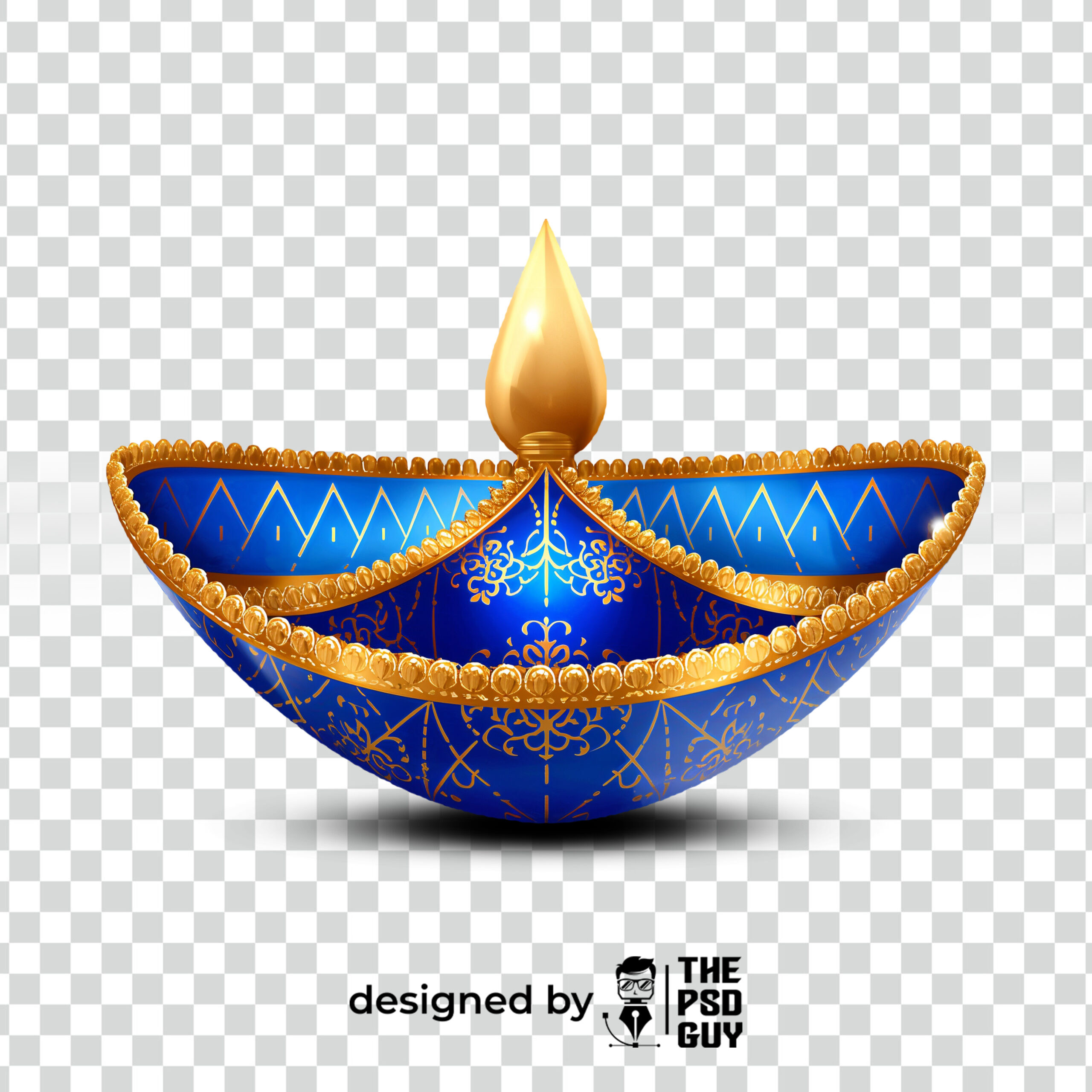 Blue and gold decorative Diya PNG PSD for Diwali 2025 with transparent background