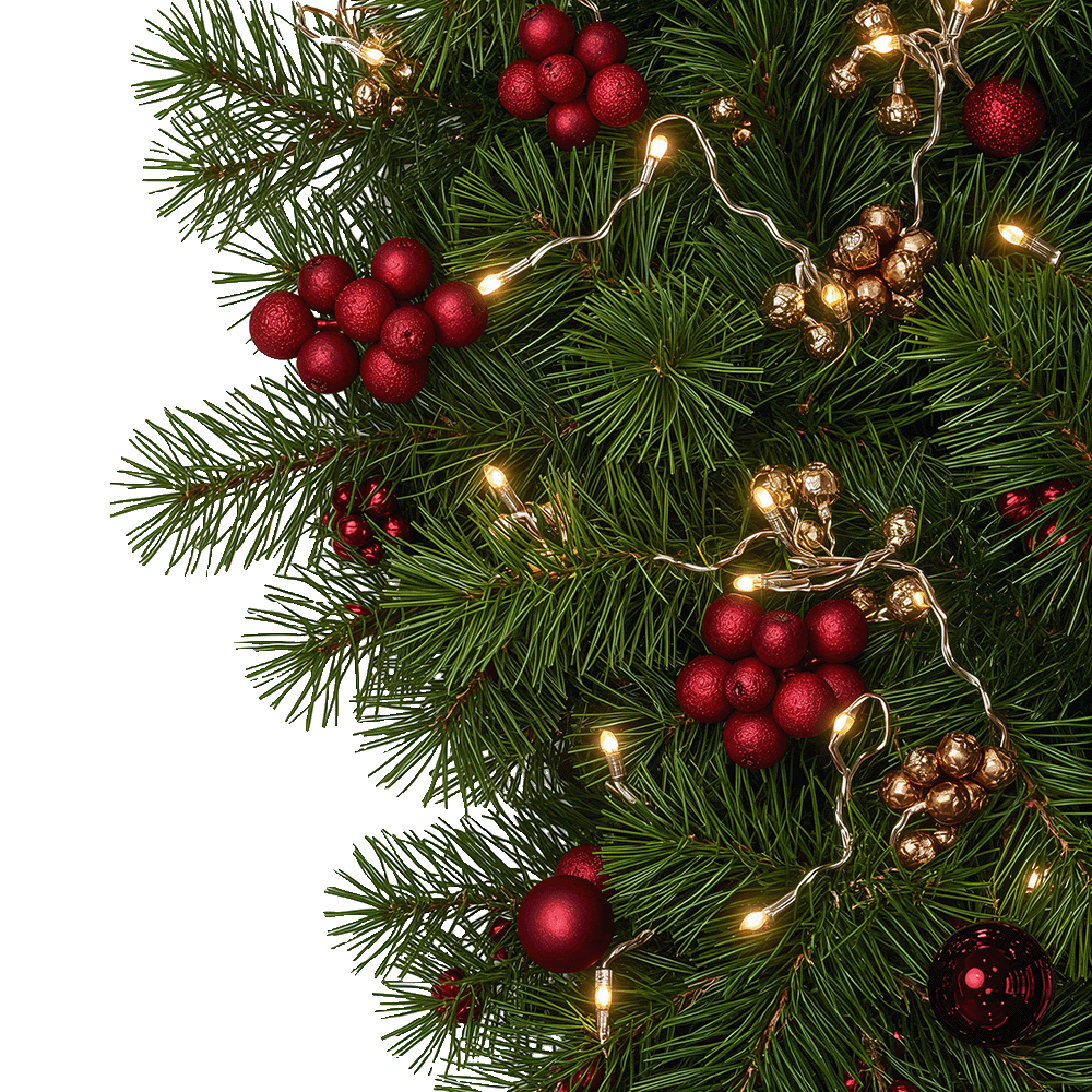 Christmas garland, pine leaves, Christmas decoration, red berries, golden ornaments, 2025 Christmas, Christmas free png download, holiday design, festive png, transparent background, ThePSDGuy