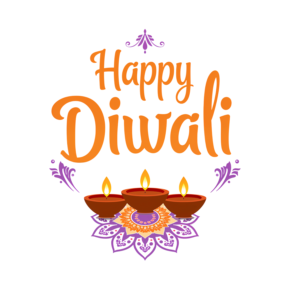 This Diwali 2025 graphic showcases warm orange “Happy Diwali” lettering above three clay diyas resting on a detailed purple rangoli, matching the uploaded style. Provided as a transparent PNG for easy placement on posters, social media, greetings, and website banners without background cleanup.